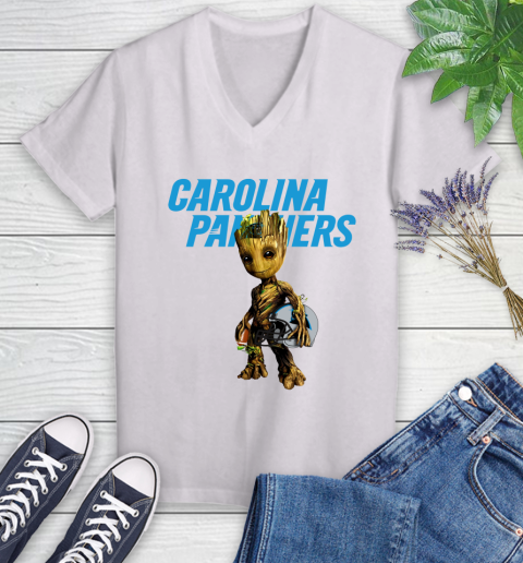 Carolina Panthers NFL Football Groot Marvel Guardians Of The Galaxy Women's V-Neck T-Shirt