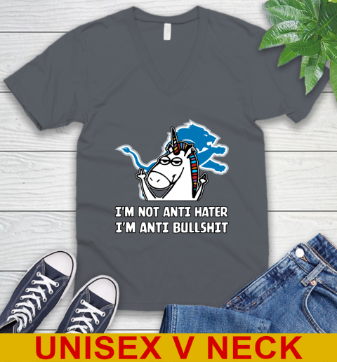 Detroit Lions NFL Football Unicorn I'm Not Anti Hater I'm Anti Bullshit V-Neck T-Shirt 5