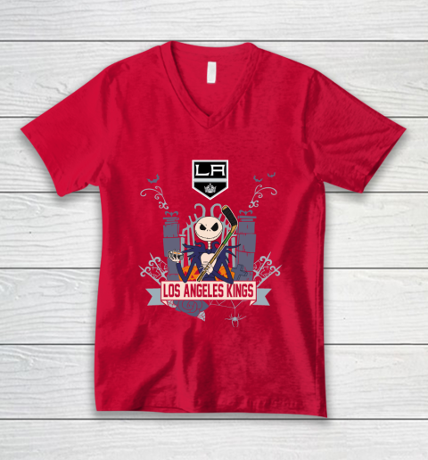 NHL Los Angeles Kings Hockey Jack Skellington Halloween V-Neck T-Shirt 6