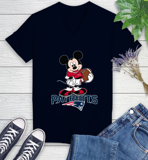 NFL Football New England Patriots Cheerful Mickey Mouse Shirt Women's V-Neck T-Shirt 3