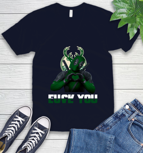 NBA Milwaukee Bucks Deadpool Love You Fuck You Basketball Sports V-Neck T-Shirt 2