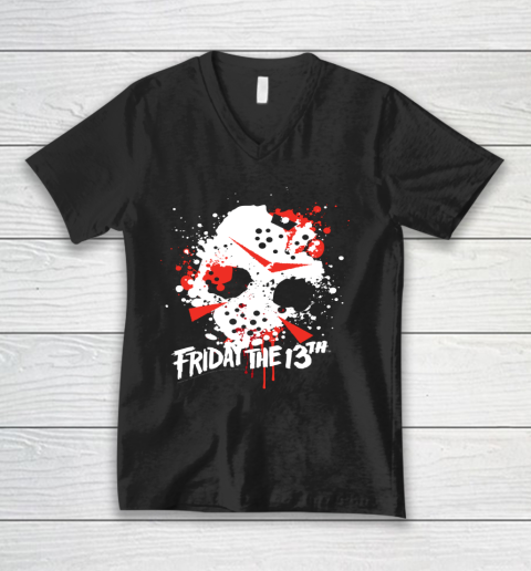 Friday The 13th Jason Blood Splatter Mask Halloween V-Neck T-Shirt
