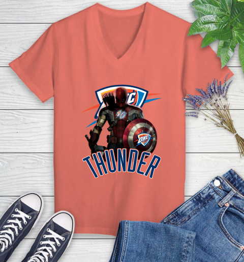 Oklahoma City Thunder NBA Basketball Captain America Thor Spider Man Hawkeye Avengers Women's V-Neck T-Shirt 6