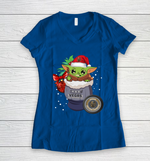 Vegas Golden Knights Christmas Baby Yoda Star Wars Funny Happy NHL Women's V-Neck T-Shirt 9