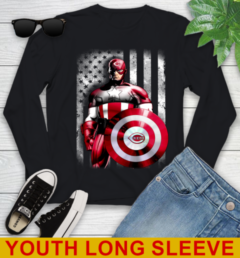 Cincinnati Reds MLB Baseball Captain America Marvel Avengers American Flag Shirt Youth Long Sleeve