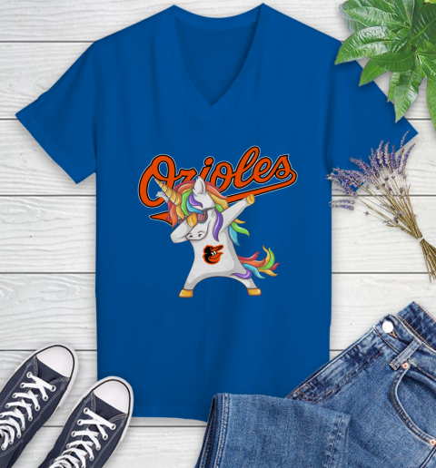 Baltimore Orioles MLB Baseball Funny Unicorn Dabbing Sports Women's V-Neck T-Shirt 10