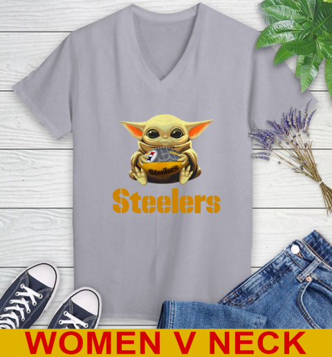 NFL Football Pittsburgh Steelers Baby Yoda Star Wars Shirt Women's V-Neck T-Shirt 5