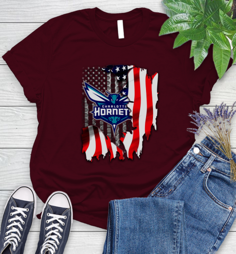 Charlotte Hornets NBA Basketball American Flag Women's T-Shirt 7