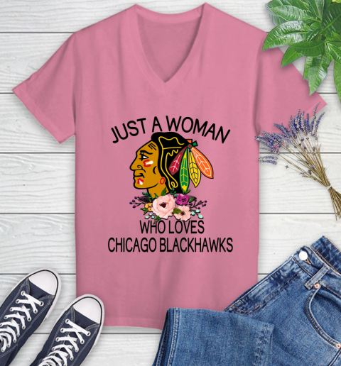 NHL Just A Woman Who Loves Chicago Blackhawks Hockey Sports Women's V-Neck T-Shirt 8