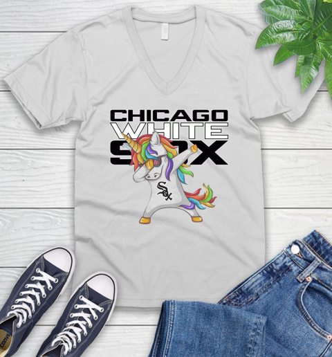 Chicago White Sox MLB Baseball Funny Unicorn Dabbing Sports V-Neck T-Shirt