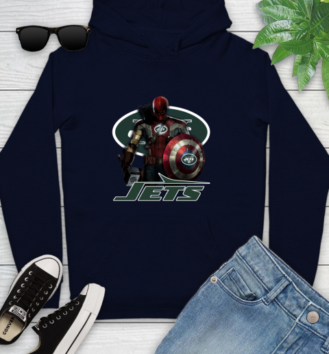 NFL Captain America Thor Spider Man Hawkeye Avengers Endgame Football New York Jets Youth Hoodie 4