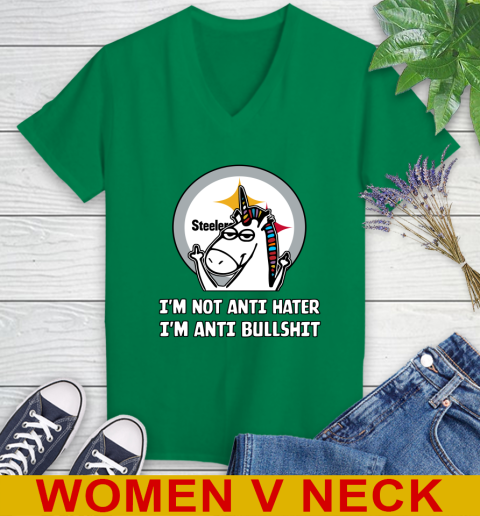 Pittsburgh Steelers NFL Football Unicorn I'm Not Anti Hater I'm Anti Bullshit Women's V-Neck T-Shirt 6