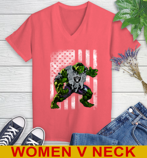 Oakland Raiders Hulk Marvel Avengers NFL Football American Flag Women's V-Neck T-Shirt 6