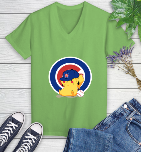 MLB Pikachu Baseball Sports Chicago Cubs Women's V-Neck T-Shirt 11