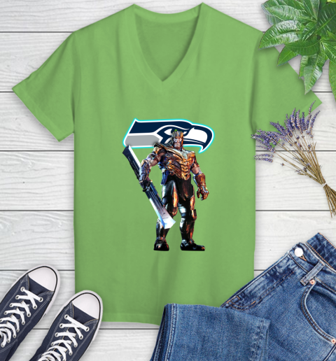 NFL Thanos Gauntlet Avengers Endgame Football Seattle Seahawks Women's V-Neck T-Shirt 11