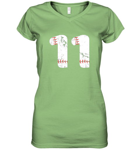 rp4f number 11 baseball vintage distressed team women v neck t shirt 39 front lime