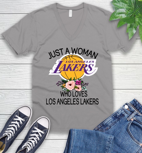 NBA Just A Woman Who Loves Los Angeles Lakers Basketball Sports V-Neck T-Shirt 2