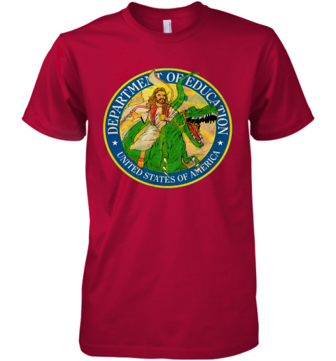 q5zg department of education badass jesus riding a dinosaur shirts premium guys tee 5 front red