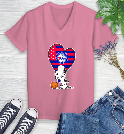 Philadelphia 76ers NBA Basketball The Peanuts Movie Adorable Snoopy Women's V-Neck T-Shirt 13