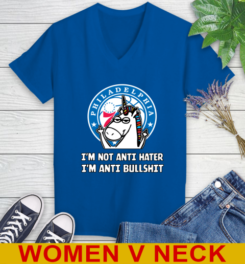 Philadelphia 76ers NBA Basketball Unicorn I'm Not Anti Hater I'm Anti Bullshit Women's V-Neck T-Shirt 11