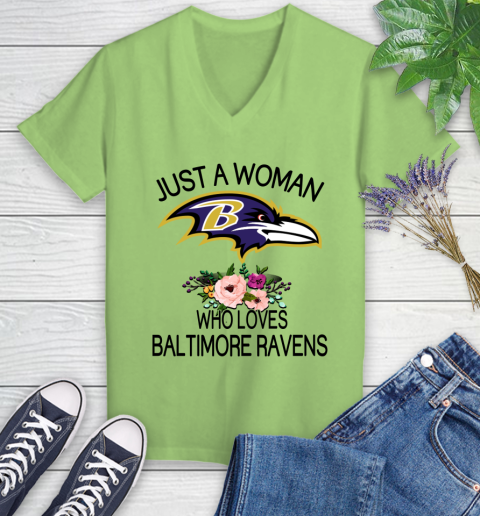 NFL Just A Woman Who Loves Baltimore Ravens Football Sports Women's V-Neck T-Shirt 6