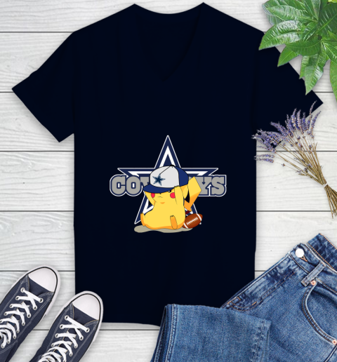NFL Pikachu Football Sports Dallas Cowboys Women's V-Neck T-Shirt 3