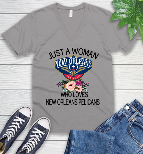 NBA Just A Woman Who Loves New Orleans Pelicans Basketball Sports V-Neck T-Shirt 2