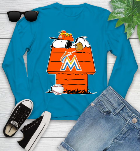 MLB Miami Marlins Snoopy Woodstock The Peanuts Movie Baseball T Shirt Youth Long Sleeve 7