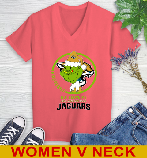Jacksonville Jaguars NFL Christmas Grinch I Hate People But I Love My Favorite Football Team Women's V-Neck T-Shirt 7