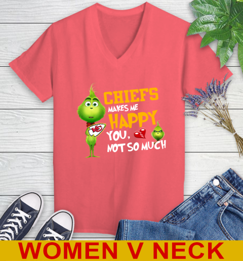NFL Kansas City Chiefs Makes Me Happy You Not So Much Grinch Football Sports Women's V-Neck T-Shirt 6