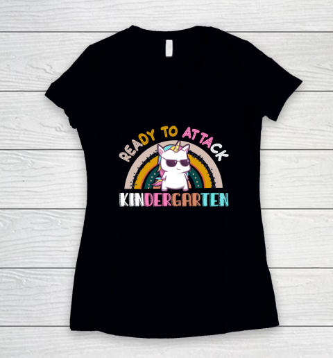 Back to school shirt Ready To Attack Kindergarten Unicorn Women's V-Neck T-Shirt