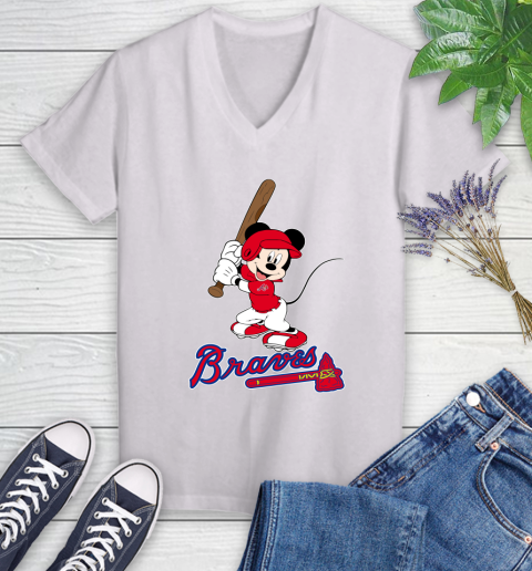 MLB Baseball Atlanta Braves Cheerful Mickey Mouse Shirt Women's V-Neck T-Shirt 3 MLB Baseball Atlanta Braves Cheerful Mickey Mouse Shirt Women's V-Neck T-Shirt - Image 3