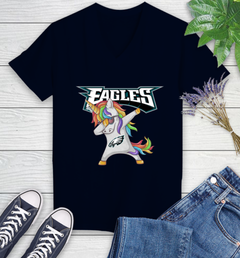 Philadelphia Eagles NFL Football Funny Unicorn Dabbing Sports Women's V-Neck T-Shirt 3