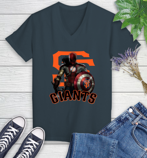 MLB Captain America Thor Spider Man Hawkeye Avengers Endgame Baseball San Francisco Giants Women's V-Neck T-Shirt 8