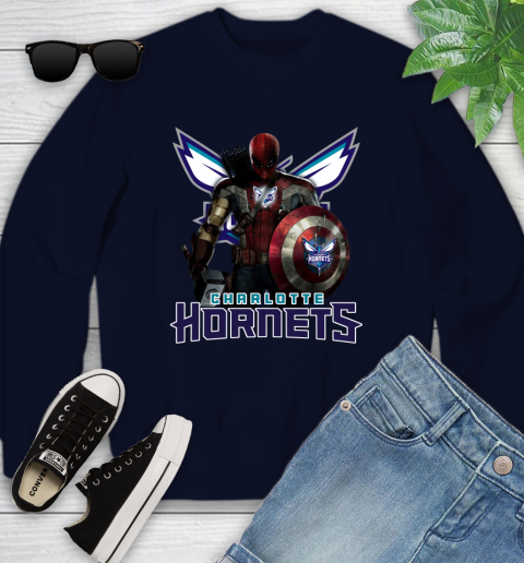 Charlotte Hornets NBA Basketball Captain America Thor Spider Man Hawkeye Avengers Youth Sweatshirt 3