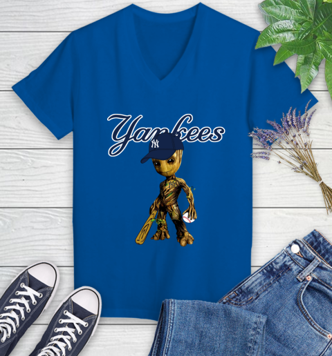 MLB New York Yankees Groot Guardians Of The Galaxy Baseball Women's V-Neck T-Shirt 10