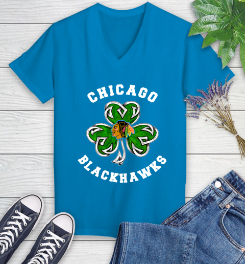 NHL Chicago Blackhawks Three Leaf Clover St Patrick's Day Hockey Sports Women's V-Neck T-Shirt 7