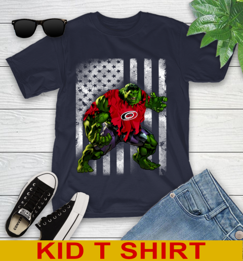 Carolina Hurricanes Hulk Marvel Avengers NHL Hockey American Flag Youth T-Shirt 2