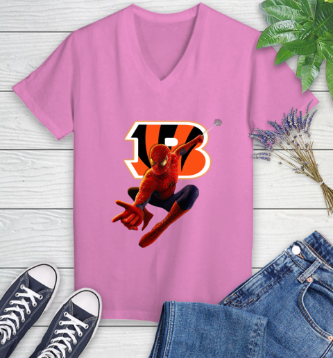 NFL Spider Man Avengers Endgame Football Cincinnati Bengals Women's V-Neck T-Shirt 14