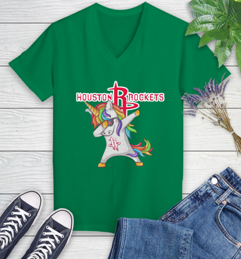 Houston Rockets NBA Basketball Funny Unicorn Dabbing Sports Women's V-Neck T-Shirt 5