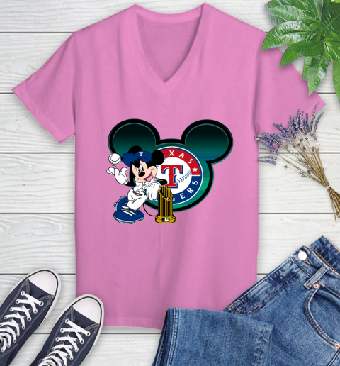 MLB Texas Rangers The Commissioner's Trophy Mickey Mouse Disney Women's V-Neck T-Shirt 14