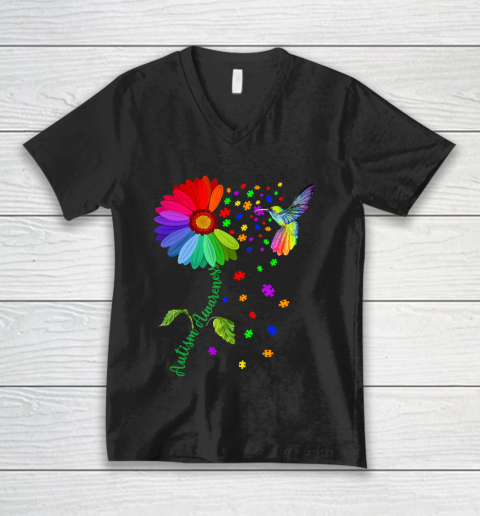 Autism Awareness Month Hummingbird Sunflower V-Neck T-Shirt