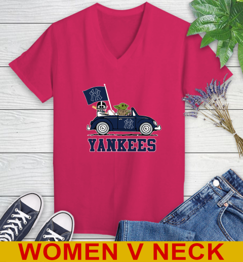 MLB Baseball New York Yankees Darth Vader Baby Yoda Driving Star Wars Shirt Women's V-Neck T-Shirt 10