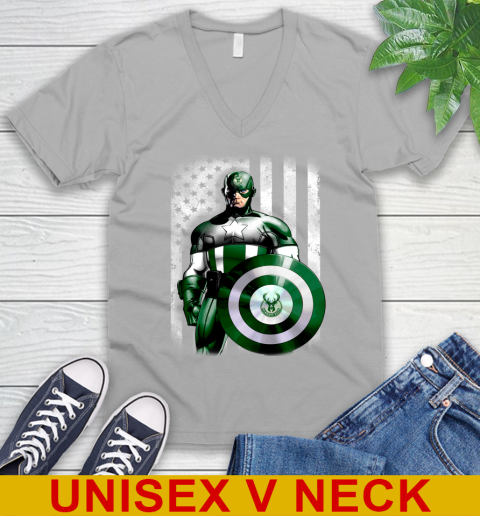Milwaukee Bucks NBA Basketball Captain America Marvel Avengers American Flag Shirt V-Neck T-Shirt 3