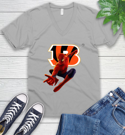 NFL Spider Man Avengers Endgame Football Cincinnati Bengals V-Neck T-Shirt 4