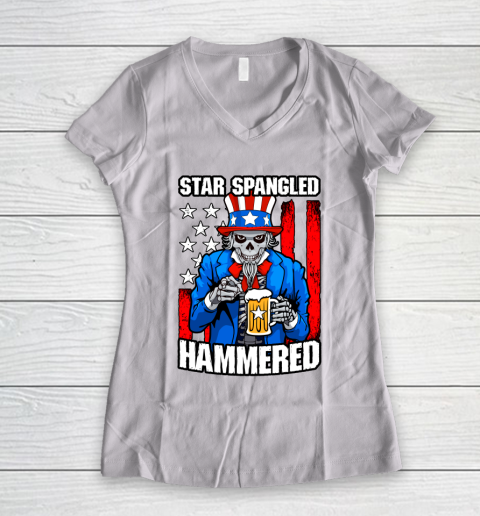 Beer Lover Funny Shirt Star Spangled Hammered 4th Of July Uncle Sam Skull USA Flag Women's V-Neck T-Shirt
