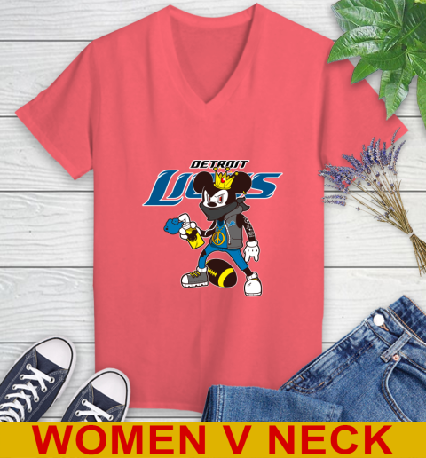 Detroit Lions NFL Football Mickey Peace Sign Sports Women's V-Neck T-Shirt 7