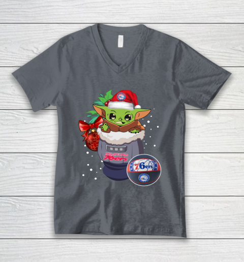 Philadelphia 76ers Christmas Baby Yoda Star Wars Funny Happy NBA V-Neck T-Shirt 5