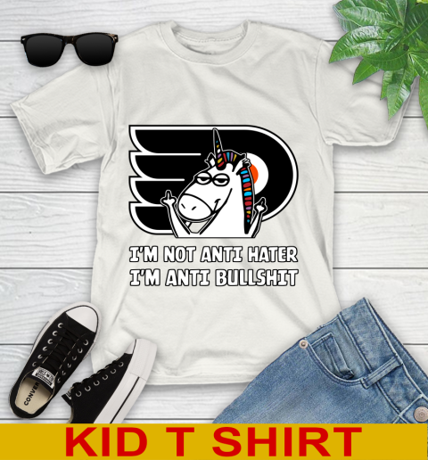 Philadelphia Flyers NHL Hockey Unicorn I'm Not Anti Hater I'm Anti Bullshit Youth T-Shirt