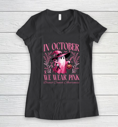 In October We Wear Pink Witch Ghost Pumpkin Breast Cancer Women's V-Neck T-Shirt 4